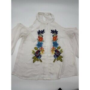 Womens Blouse L White Floral Lace Sheer Neck closure & off shoulder Lulumari